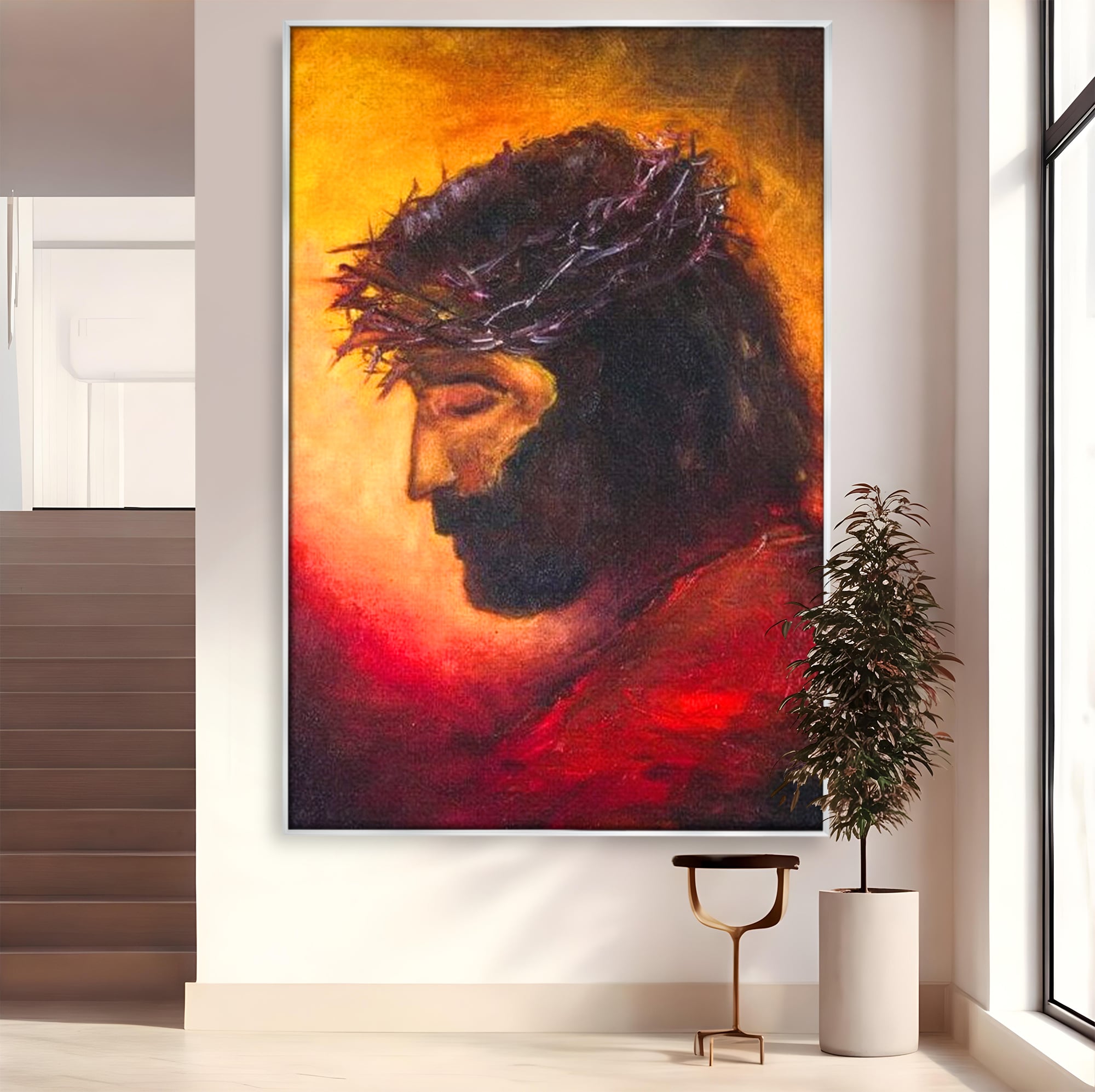 Tablou canvas cu tablou canvas cu isus purtand coroana, in rama de aluminiu argintiu
